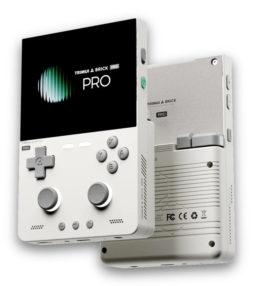 Trimui Brick Pro handheld console, front and back