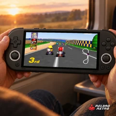 Giocare a Mario Kart 64 con la Trimui Smart Pro S in treno al tramonto
