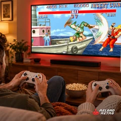 Due amici giocano a Street Fighter II su una grande TV con la console G99