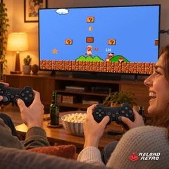 Zwei Freunde spielen mit dem Game Stick Lite 4K Super Mario Bros. am Fernseher