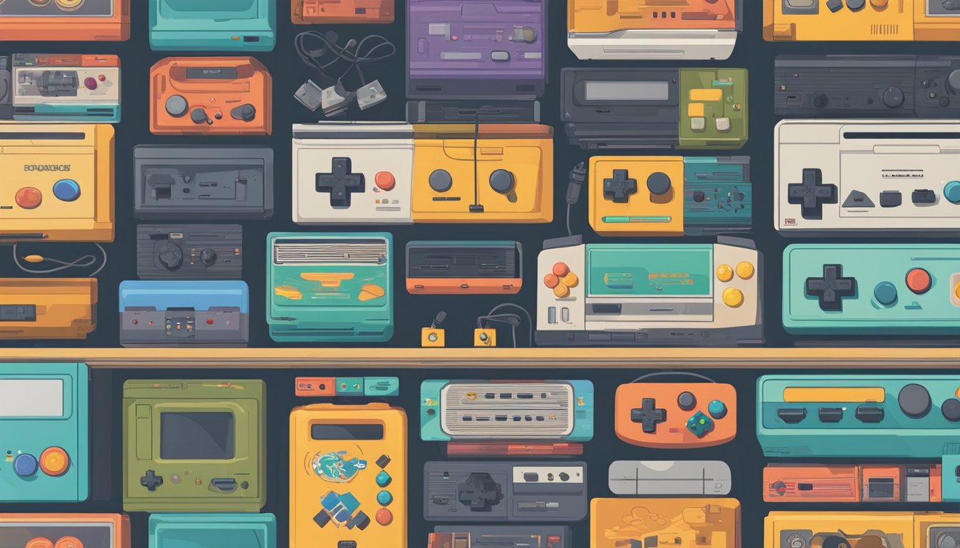 A collection of vintage gaming consoles displayed on a shelf, with colorful packaging and nostalgic branding