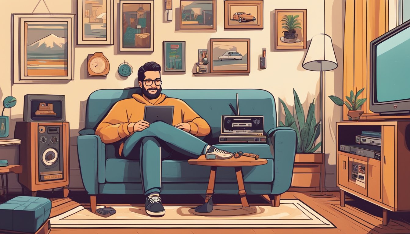 A cozy living room with a vintage TV and classic game console, surrounded by nostalgic memorabilia. A person sits on a comfy couch, smiling as they play an old-school video game