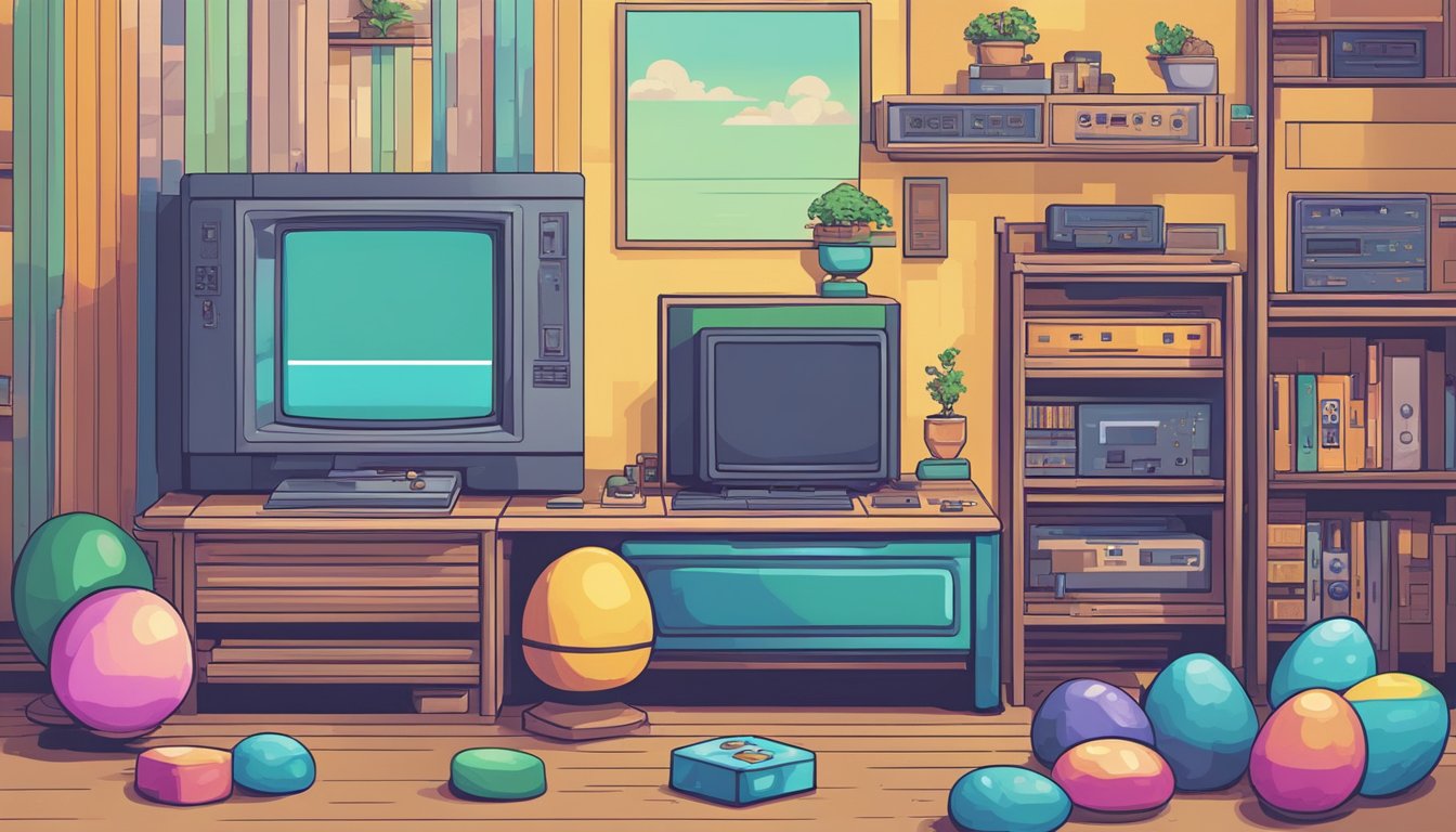 A retro gaming console with a controller searching for hidden Easter eggs in a pixelated game world