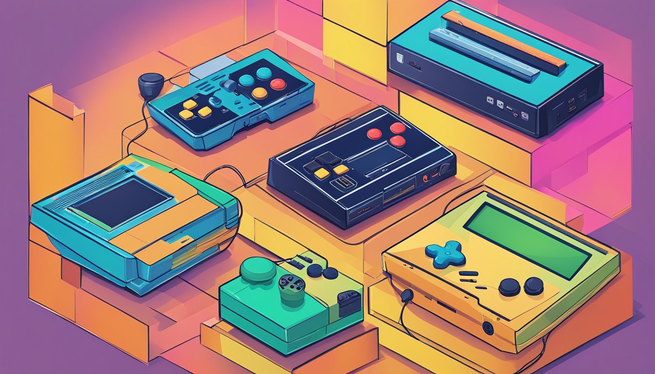 A colorful display of retro game consoles with a modern twist, showcasing their appeal and features